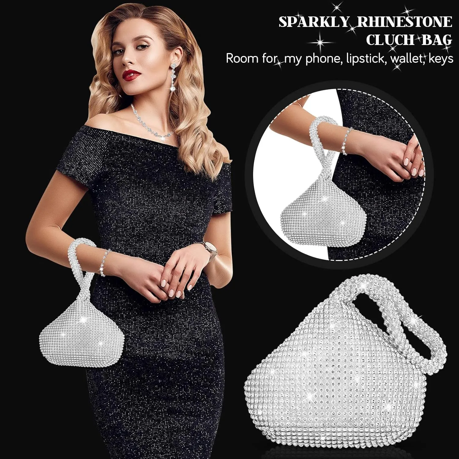 Meanplan 4 Pcs Silver Clutch Purse Jewelry Set for Women Evening Rhinestone Purse Silver Accessories for Women Bride Wedding Jewelry