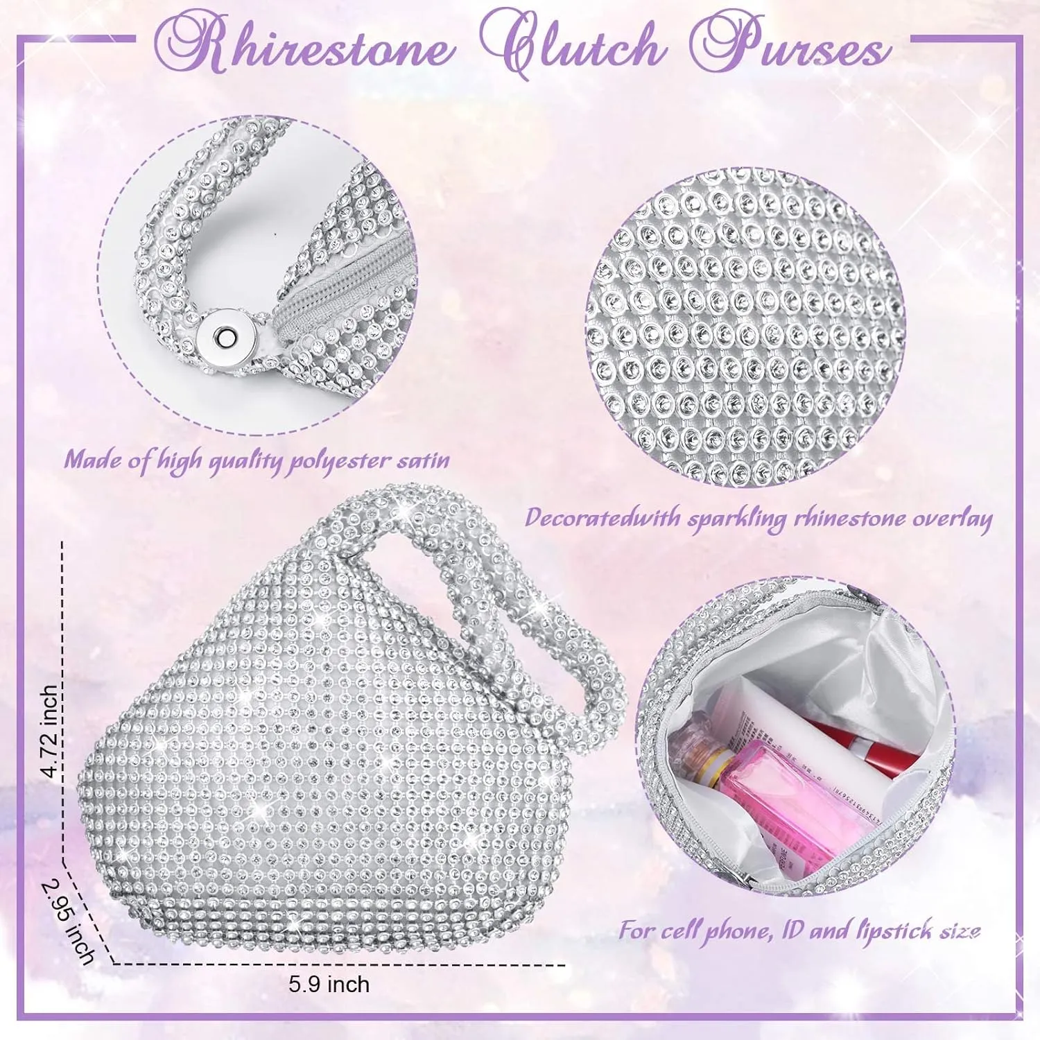 Meanplan 4 Pcs Silver Clutch Purse Jewelry Set for Women Evening Rhinestone Purse Silver Accessories for Women Bride Wedding Jewelry