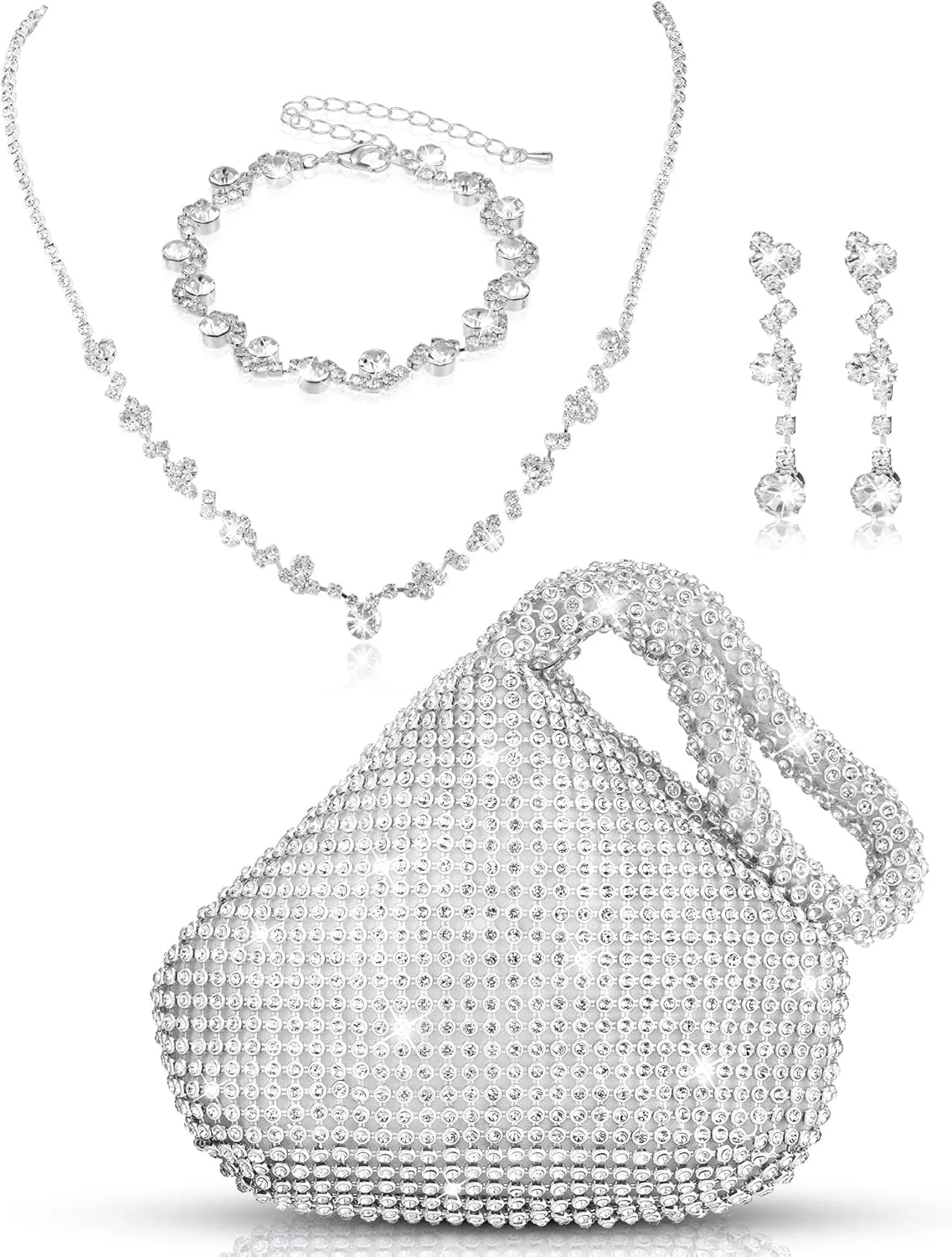 Meanplan 4 Pcs Silver Clutch Purse Jewelry Set for Women Evening Rhinestone Purse Silver Accessories for Women Bride Wedding Jewelry