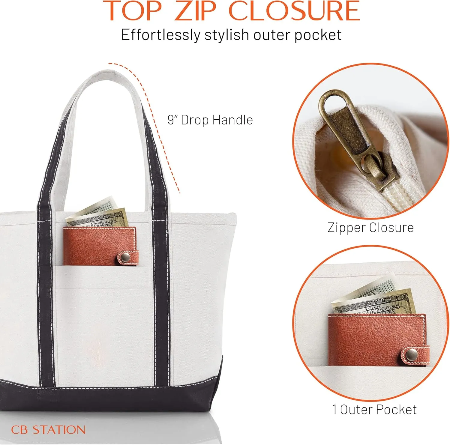 Medium Classic Canvas Tote Bag for Women, Top Zipper Closure, Outer Pocket, Daily Essentials, Groceries, Traveling