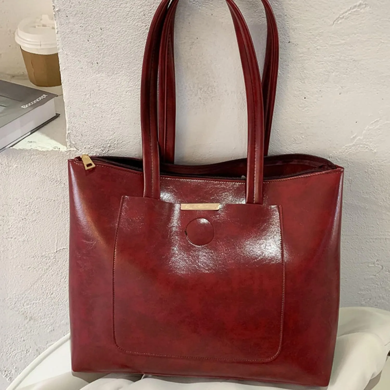 Medium Tote Bag for Women Synthetic Soft PU Leather Shoulder Totes Fashion Vintage Simple Work Commute Handbags