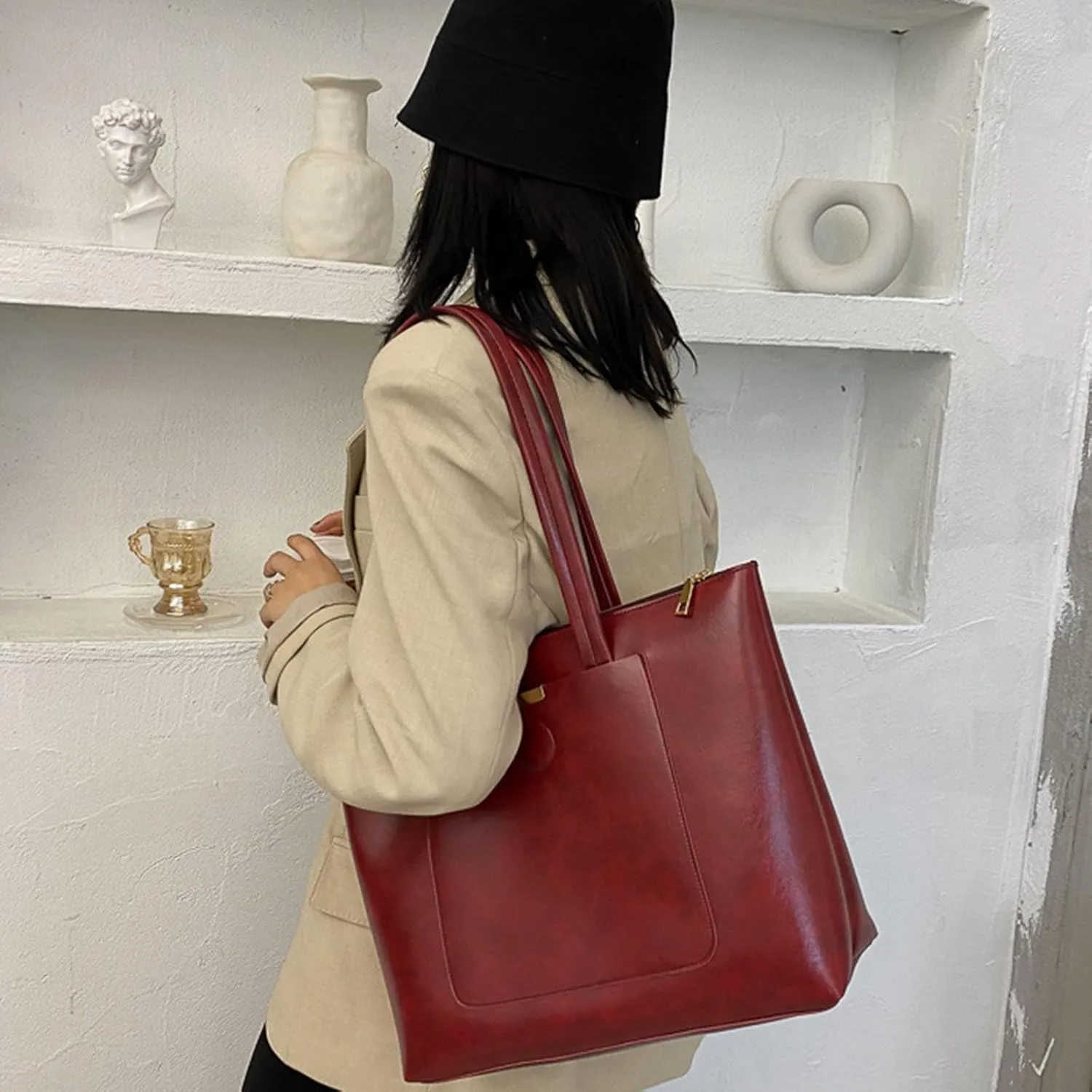 Medium Tote Bag for Women Synthetic Soft PU Leather Shoulder Totes Fashion Vintage Simple Work Commute Handbags