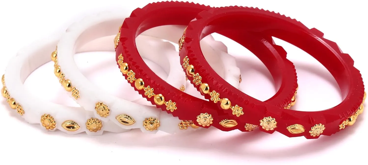 Meenakshi imitation Gold Plated Handcrafted Designer Red and White Plastic Shakha Pola Bangles Set of 4 Gift For Her Bollywood Women Jewelry Bangle Bracelets Kangan