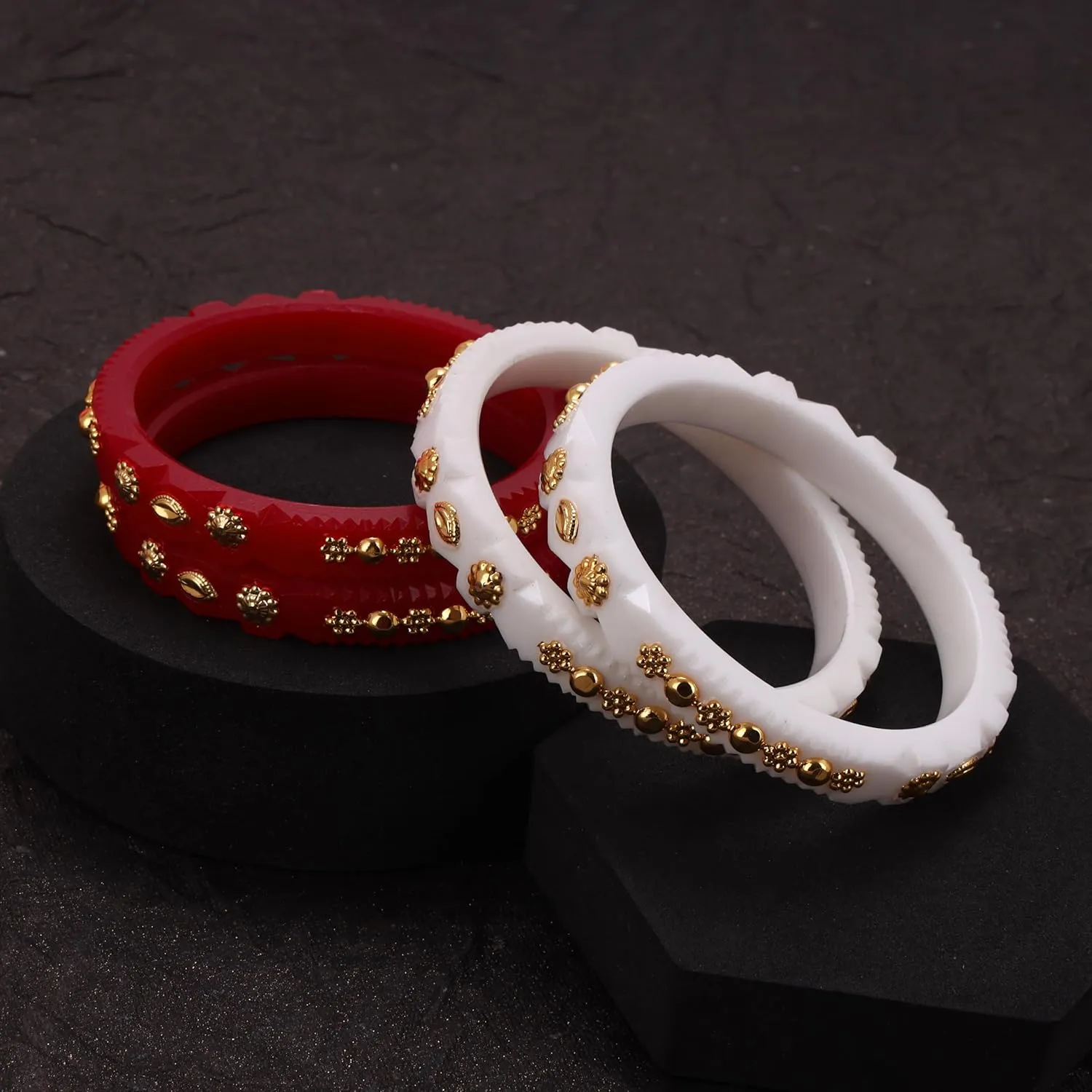 Meenakshi imitation Gold Plated Handcrafted Designer Red and White Plastic Shakha Pola Bangles Set of 4 Gift For Her Bollywood Women Jewelry Bangle Bracelets Kangan