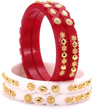 Meenakshi imitation Gold Plated Handcrafted Designer Red and White Plastic Shakha Pola Bangles Set of 4 Gift For Her Bollywood Women Jewelry Bangle Bracelets Kangan