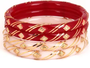 Meenakshi imitation Set of 4 Micro Gold Plated Shakha Pola Bangles Red White Handcrafted Gift For Her Indian Bollywood Designer Women Jewelry Bangle Bracelets Kangan