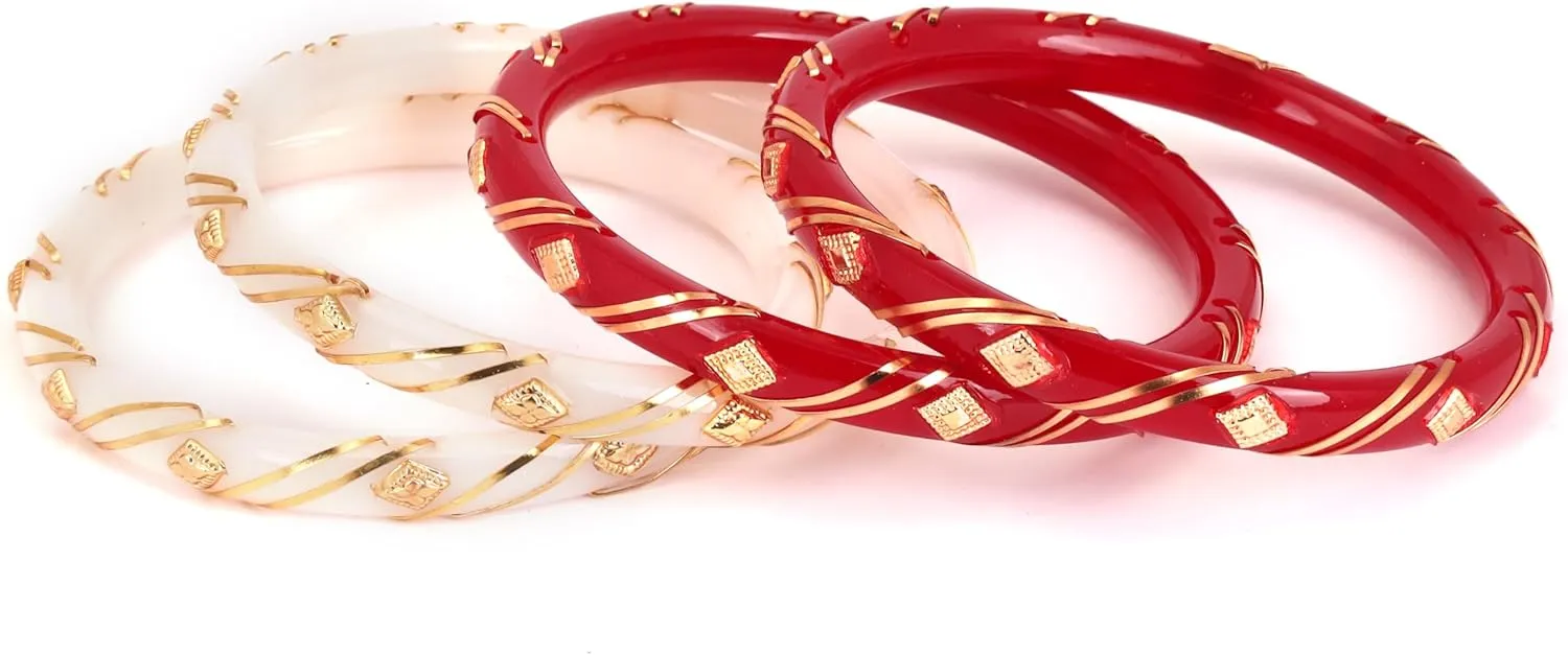 Meenakshi imitation Set of 4 Micro Gold Plated Shakha Pola Bangles Red White Handcrafted Gift For Her Indian Bollywood Designer Women Jewelry Bangle Bracelets Kangan