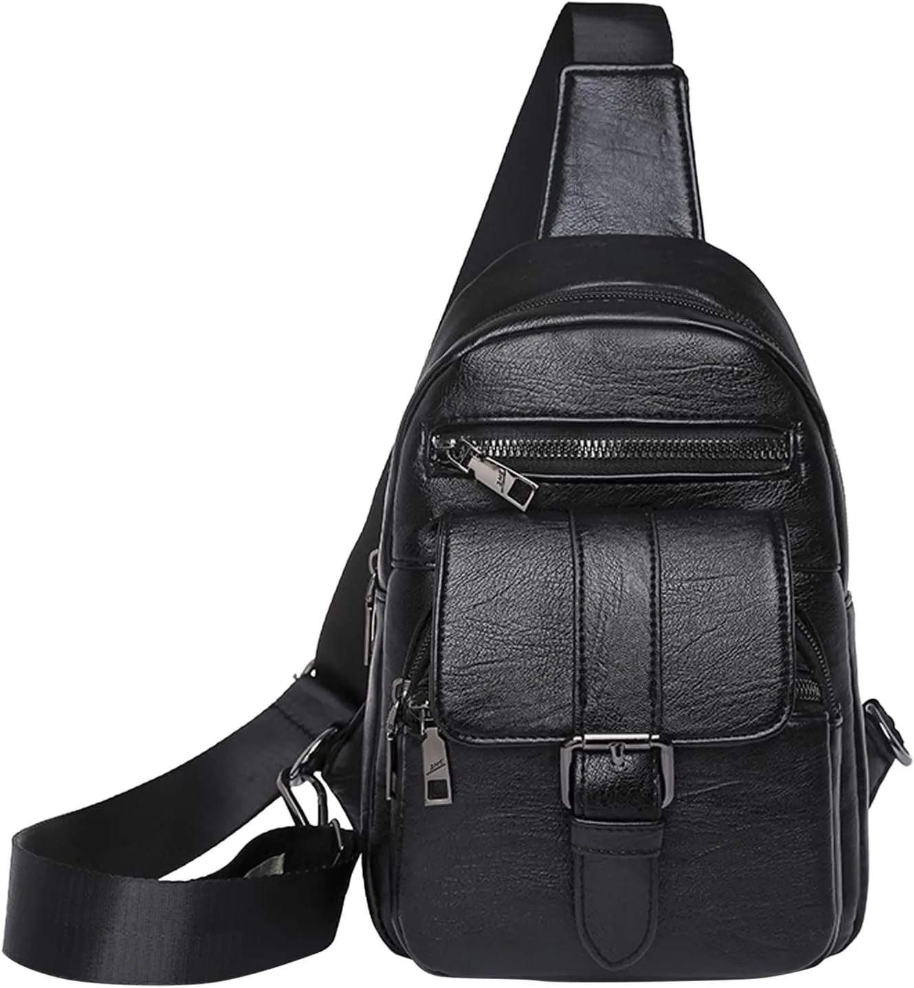 Men And Women Chest Bags Sling Bags Small Crossbody PU Leather Satchel Daypack Fashion Shoulder Strap (Black, One Size)