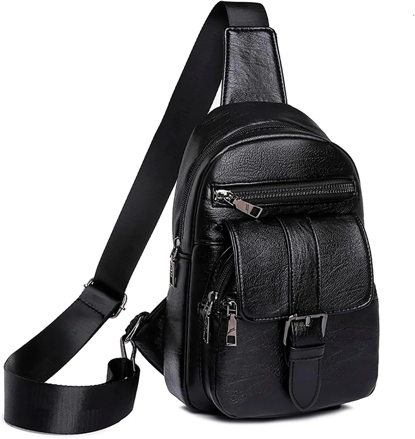 Men And Women Chest Bags Sling Bags Small Crossbody PU Leather Satchel Daypack Fashion Shoulder Strap (Black, One Size)