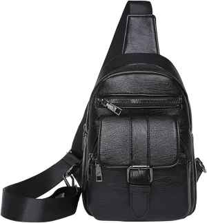 Men And Women Chest Bags Sling Bags Small Crossbody PU Leather Satchel Daypack Fashion Shoulder Strap (Black, One Size)