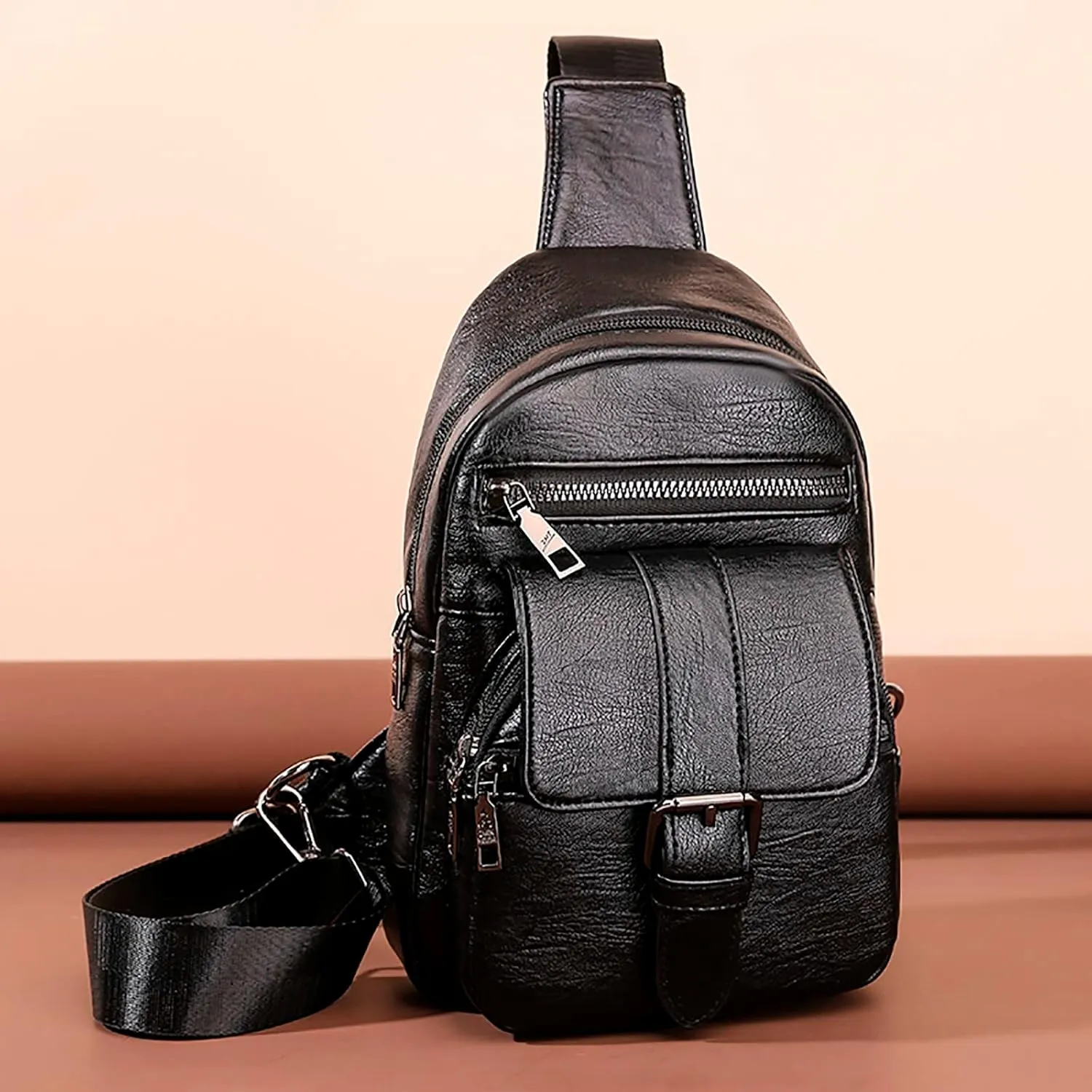 Men And Women Chest Bags Sling Bags Small Crossbody PU Leather Satchel Daypack Fashion Shoulder Strap (Black, One Size)