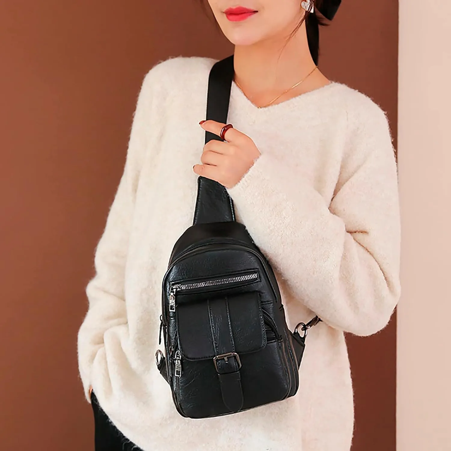 Men And Women Chest Bags Sling Bags Small Crossbody PU Leather Satchel Daypack Fashion Shoulder Strap (Black, One Size)