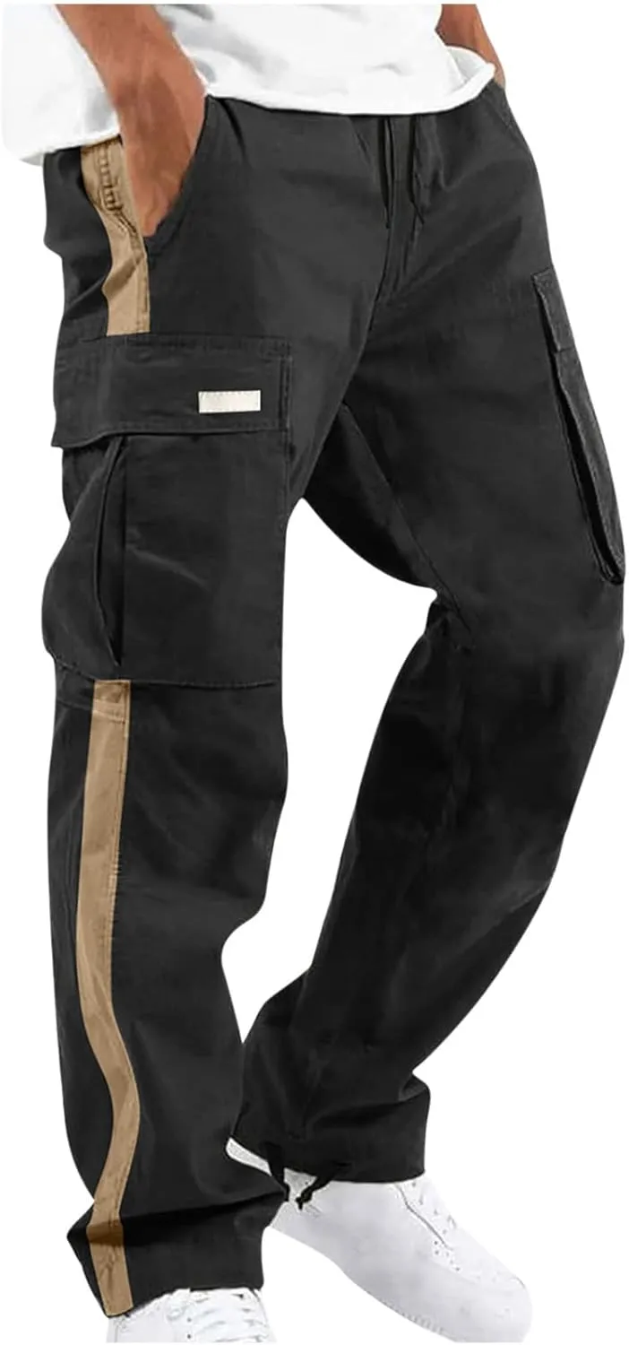Men's Cargo Trousers Patchwork Drawstring Pants Elastic Waist Sweatpants Casual Tracksuit Bottoms with Multi Pockets