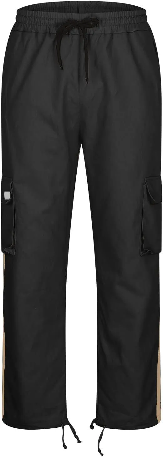 Men's Cargo Trousers Patchwork Drawstring Pants Elastic Waist Sweatpants Casual Tracksuit Bottoms with Multi Pockets