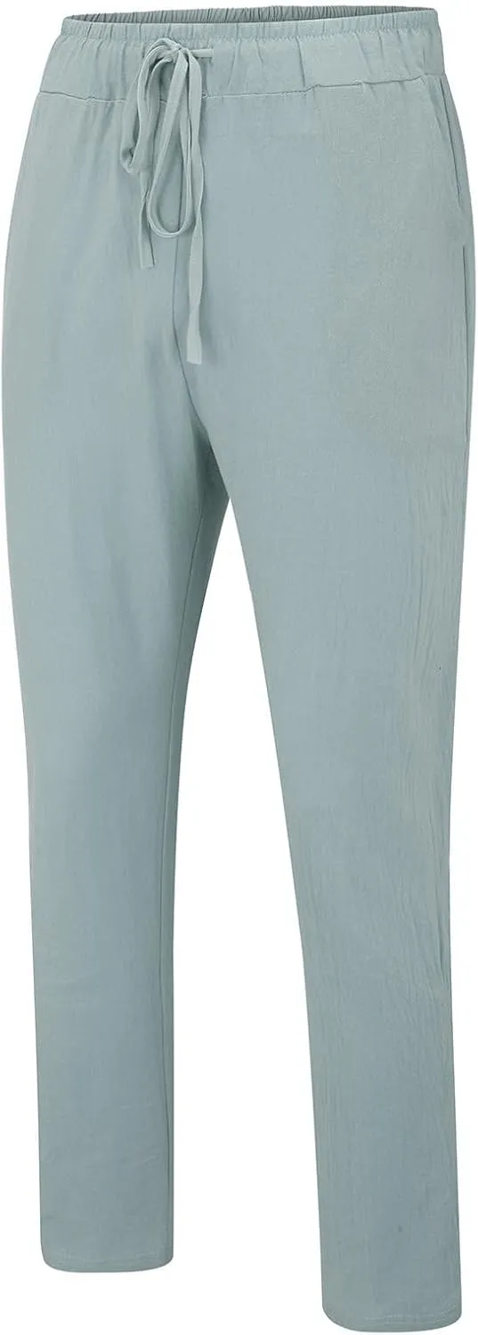 Mens Casual Linen Peasant Pants Loose Fit Straight Leg Harem Pants Elastic Waist Beach Boho Hawaiian Yoga Trousers