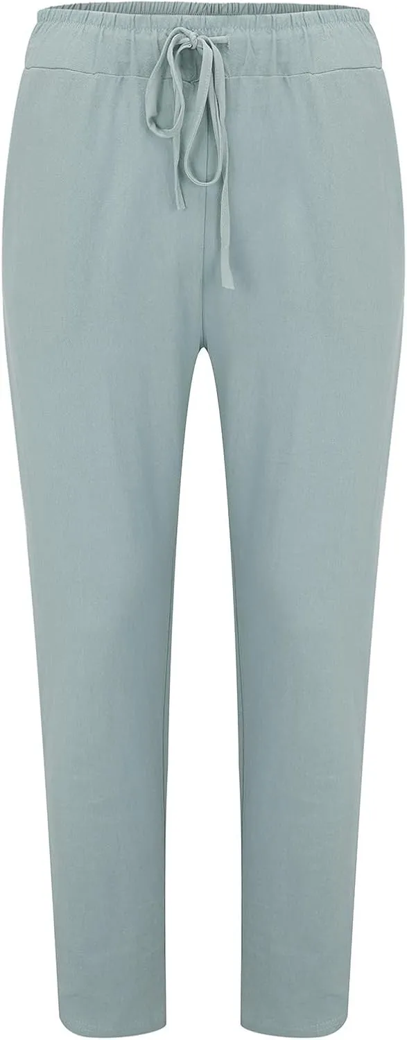 Mens Casual Linen Peasant Pants Loose Fit Straight Leg Harem Pants Elastic Waist Beach Boho Hawaiian Yoga Trousers
