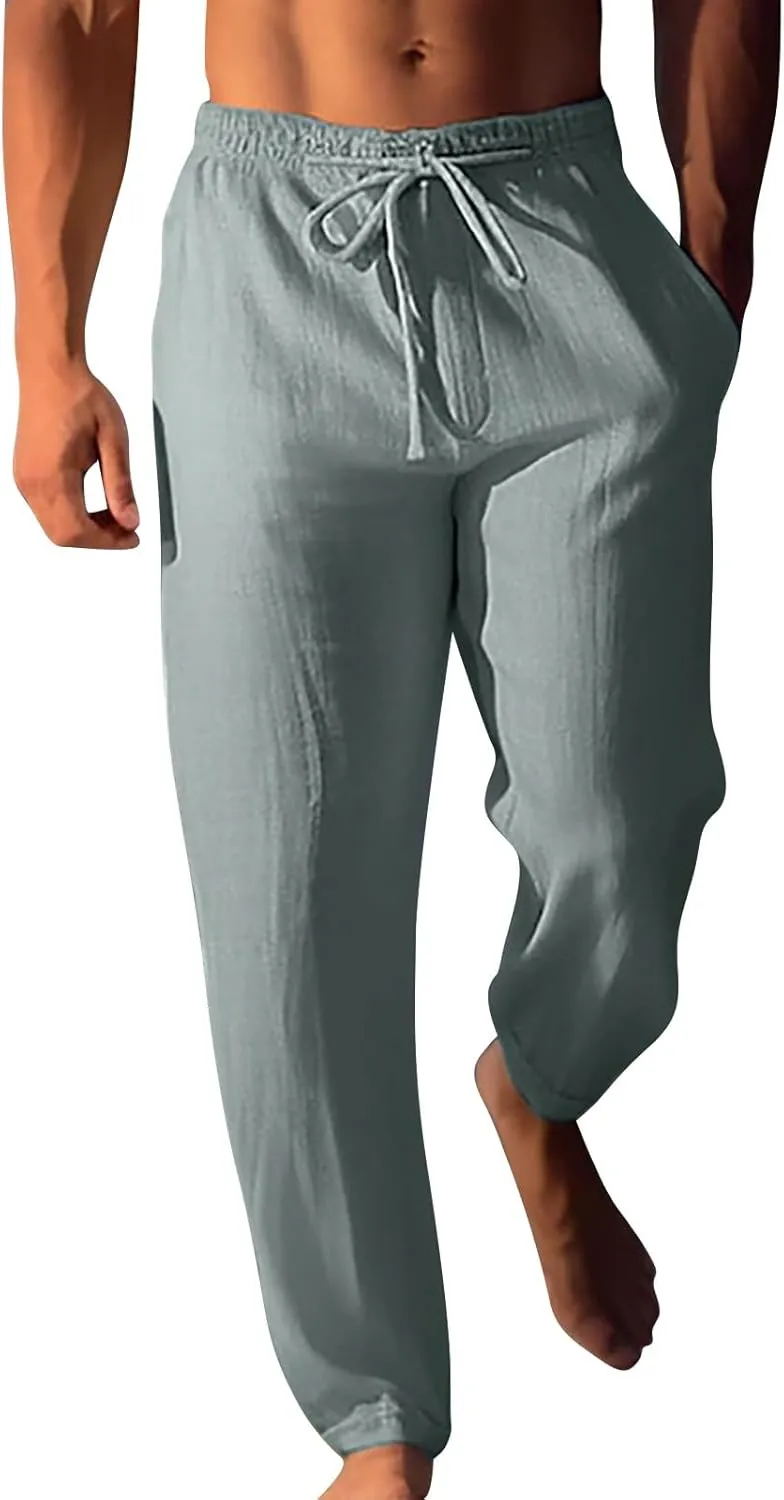 Mens Casual Linen Peasant Pants Loose Fit Straight Leg Harem Pants Elastic Waist Beach Boho Hawaiian Yoga Trousers