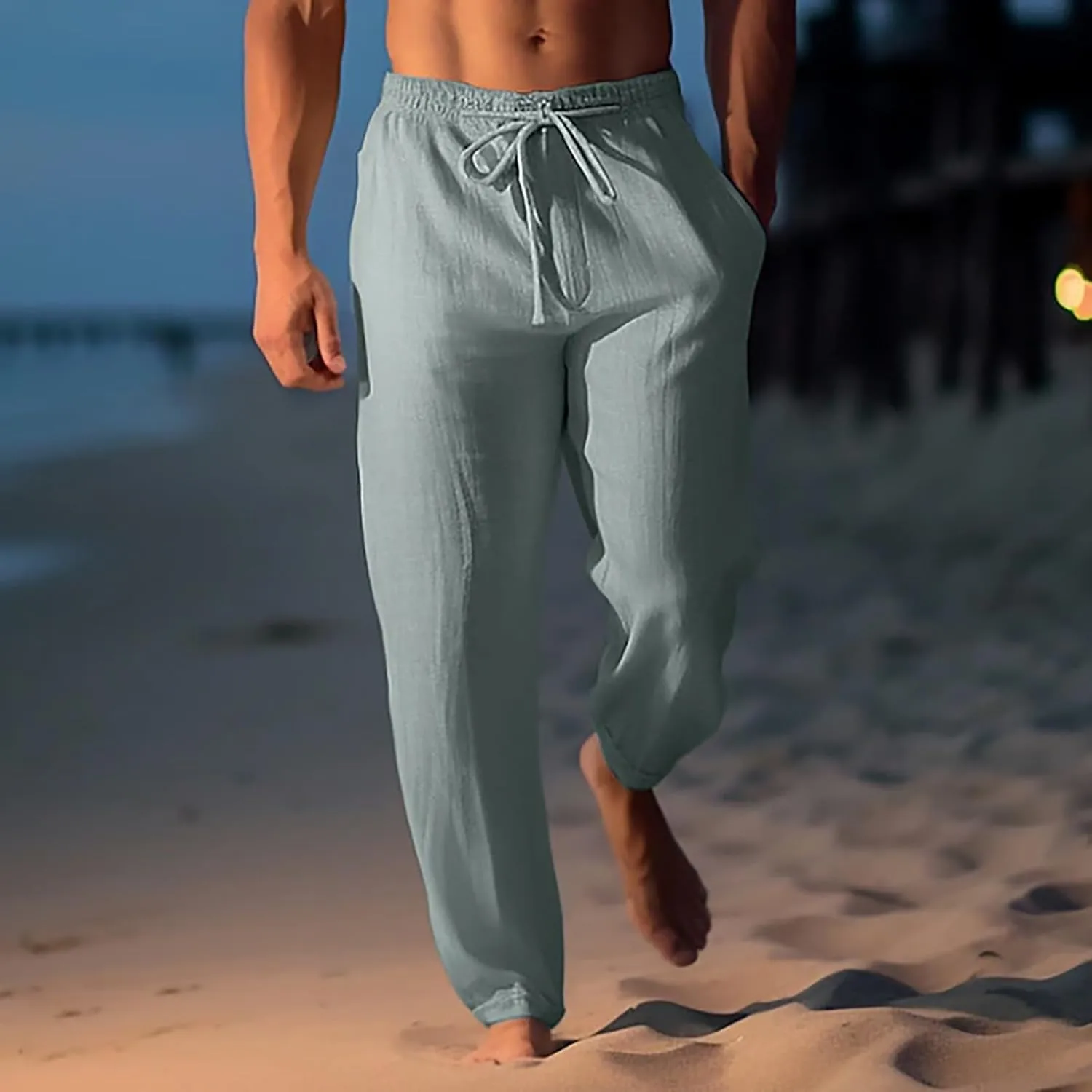 Mens Casual Linen Peasant Pants Loose Fit Straight Leg Harem Pants Elastic Waist Beach Boho Hawaiian Yoga Trousers