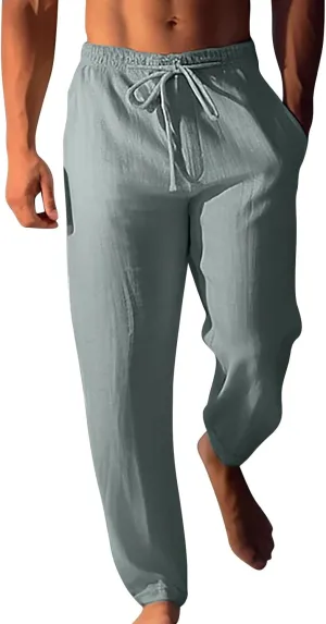 Mens Casual Linen Peasant Pants Loose Fit Straight Leg Harem Pants Elastic Waist Beach Boho Hawaiian Yoga Trousers