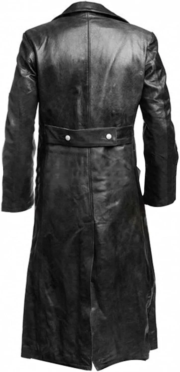 Men's Double Breasted Leather Jacket Long Trench Coat Windbreaker Overcoat