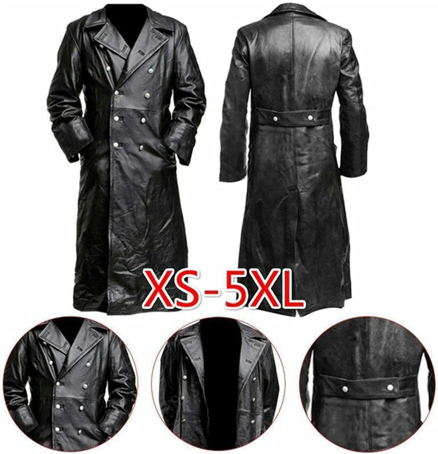 Men's Double Breasted Leather Jacket Long Trench Coat Windbreaker Overcoat
