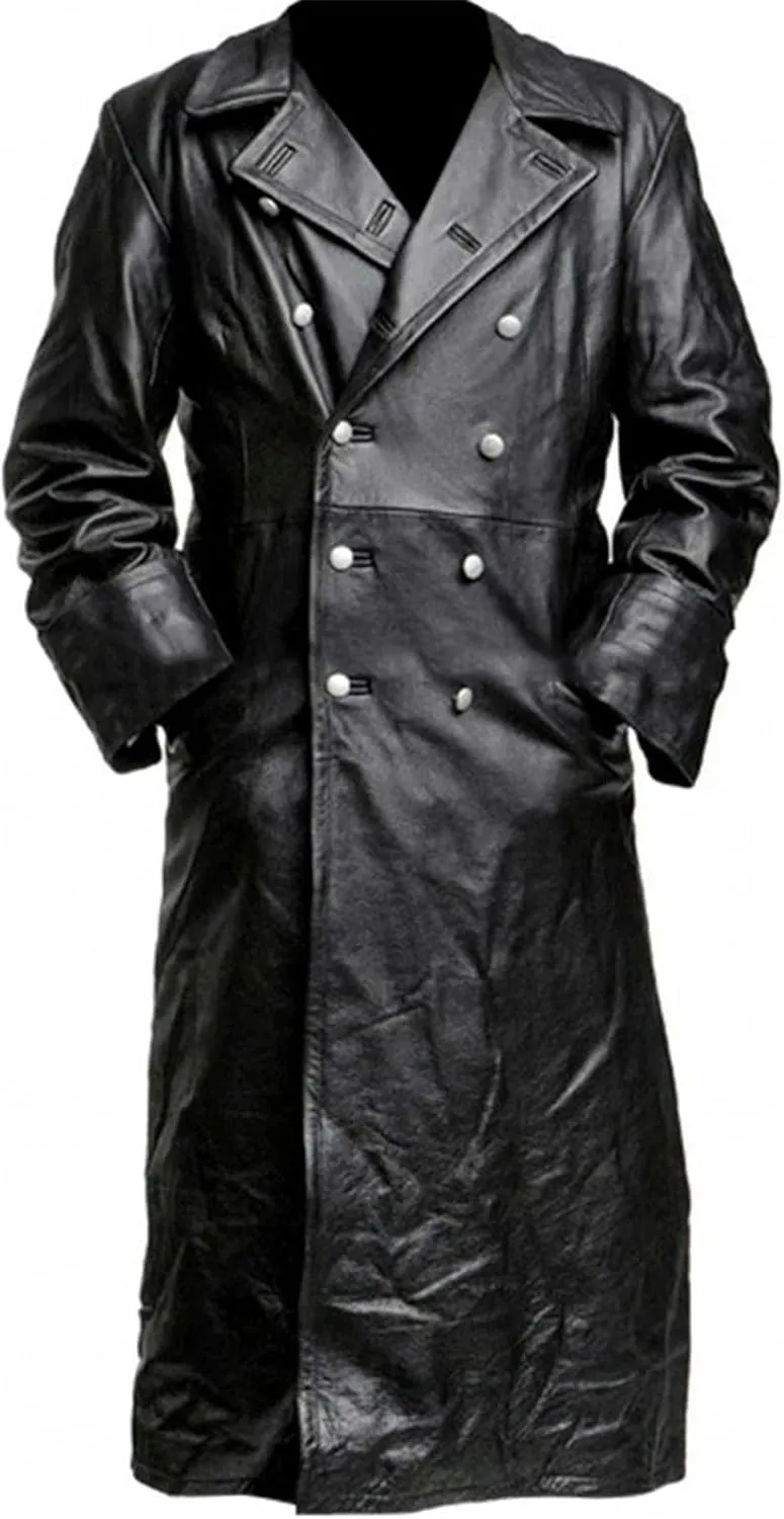 Men's Double Breasted Leather Jacket Long Trench Coat Windbreaker Overcoat