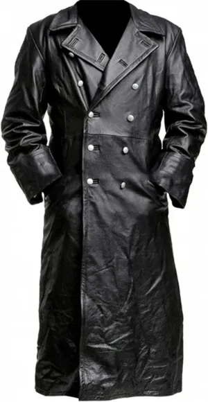 Men's Double Breasted Leather Jacket Long Trench Coat Windbreaker Overcoat