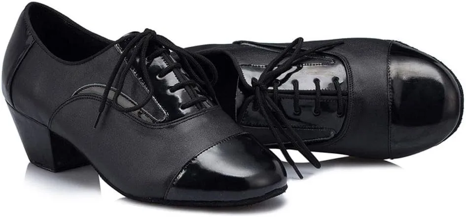 Mens Latin Dance Shoes Leather Jazz Round Toe Lace Up Teather 1IN