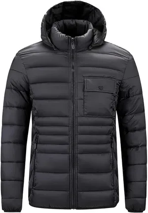 Men's Lightweight Puffer Jacket Hooded Windproof Winter Coat Full Zip Insulated Quilted Lined Down Coat with Removable Hood