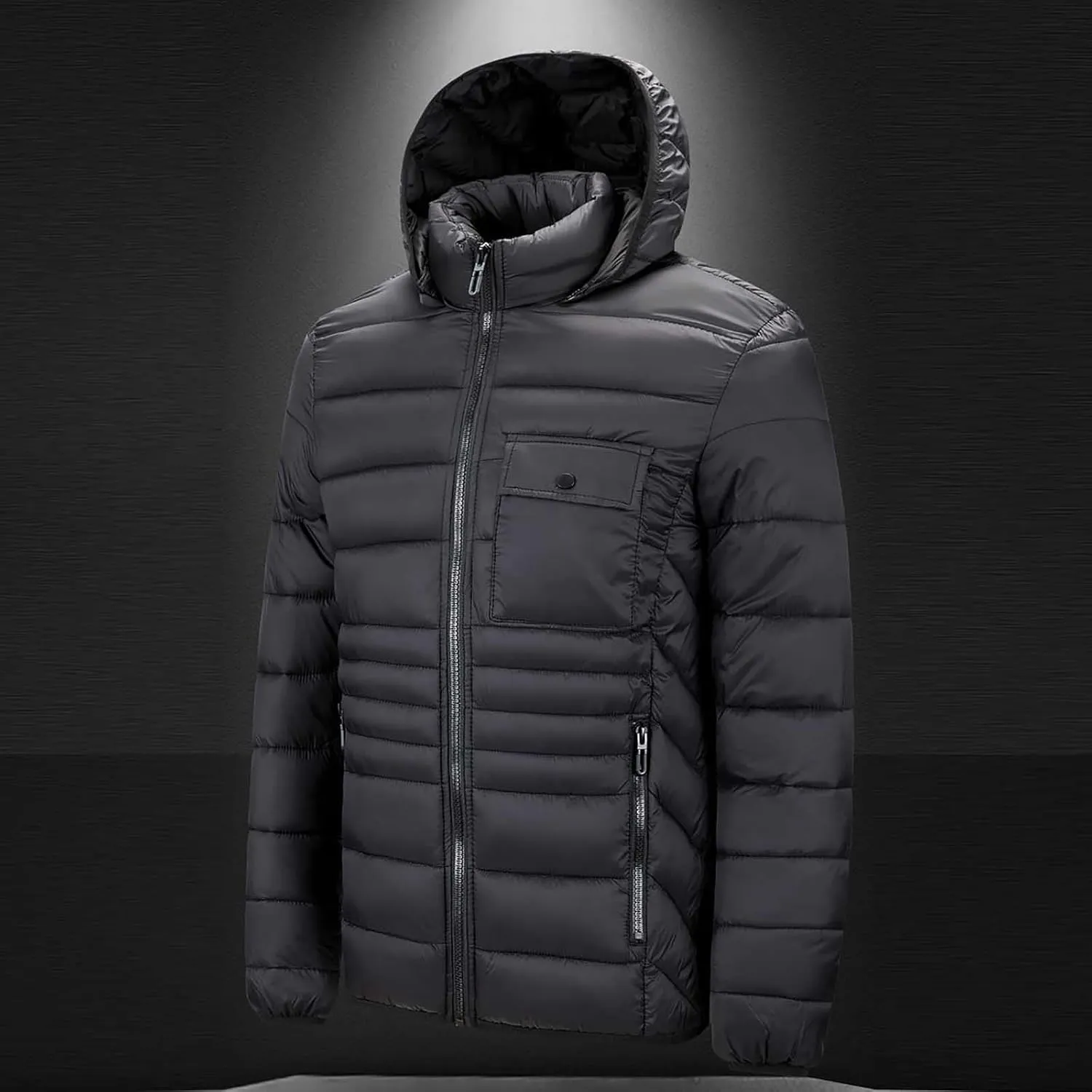 Men's Lightweight Puffer Jacket Hooded Windproof Winter Coat Full Zip Insulated Quilted Lined Down Coat with Removable Hood
