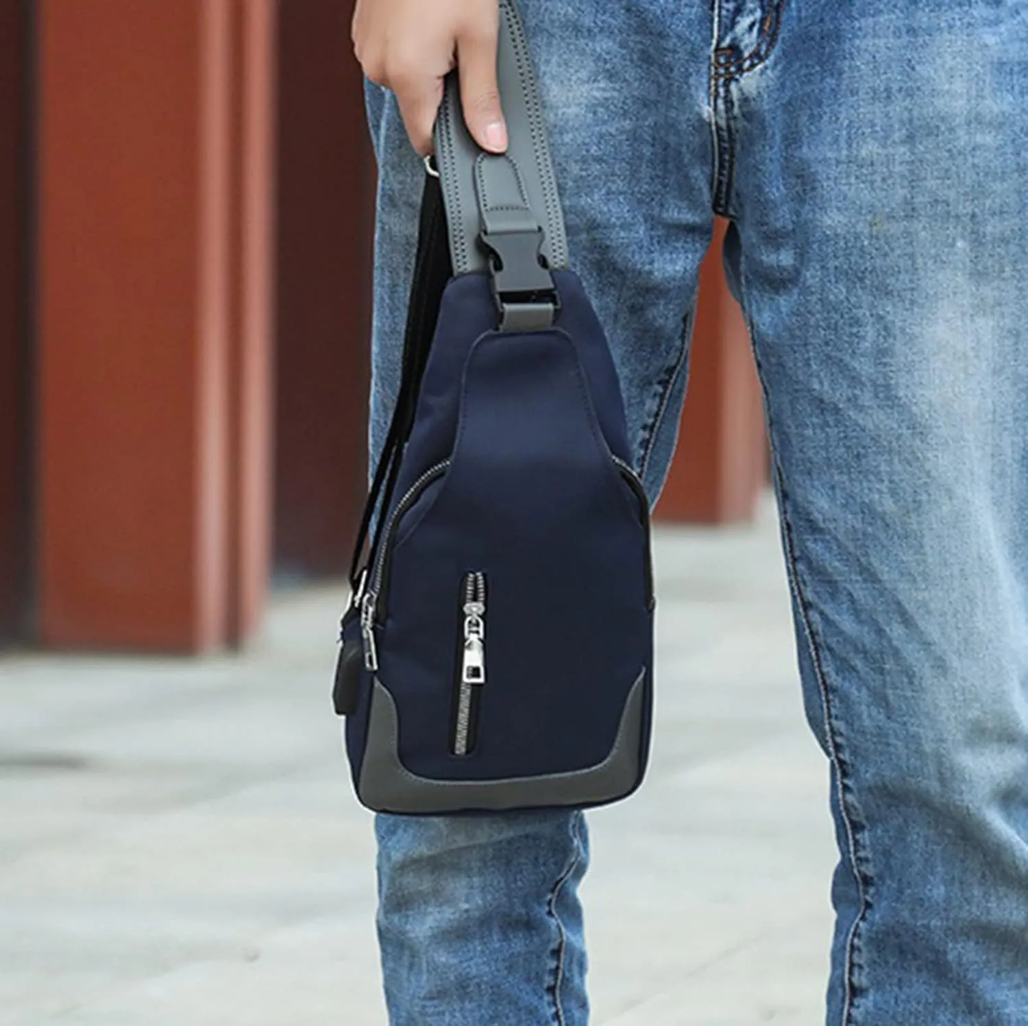 Men's Simple Business Crossbody USB Interface Lock Color Cloth Chest Bag Shoulder Bag over The (Black, One Size)