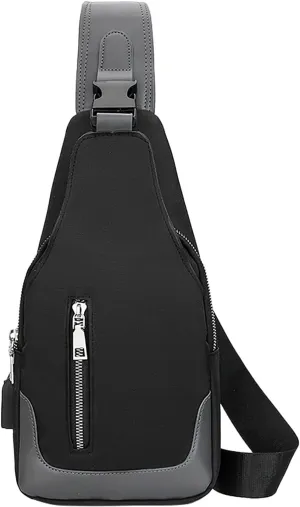 Men's Simple Business Crossbody USB Interface Lock Color Cloth Chest Bag Shoulder Bag over The (Black, One Size)