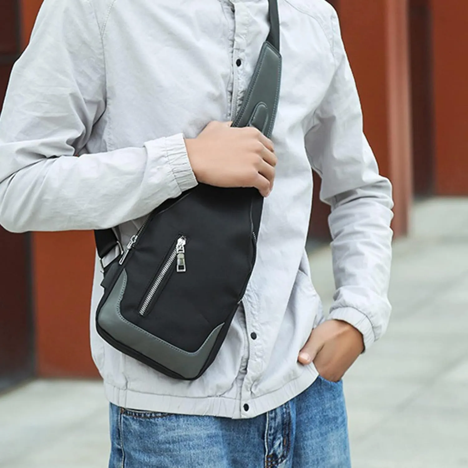 Men's Simple Business Crossbody USB Interface Lock Color Cloth Chest Bag Shoulder Bag over The (Black, One Size)