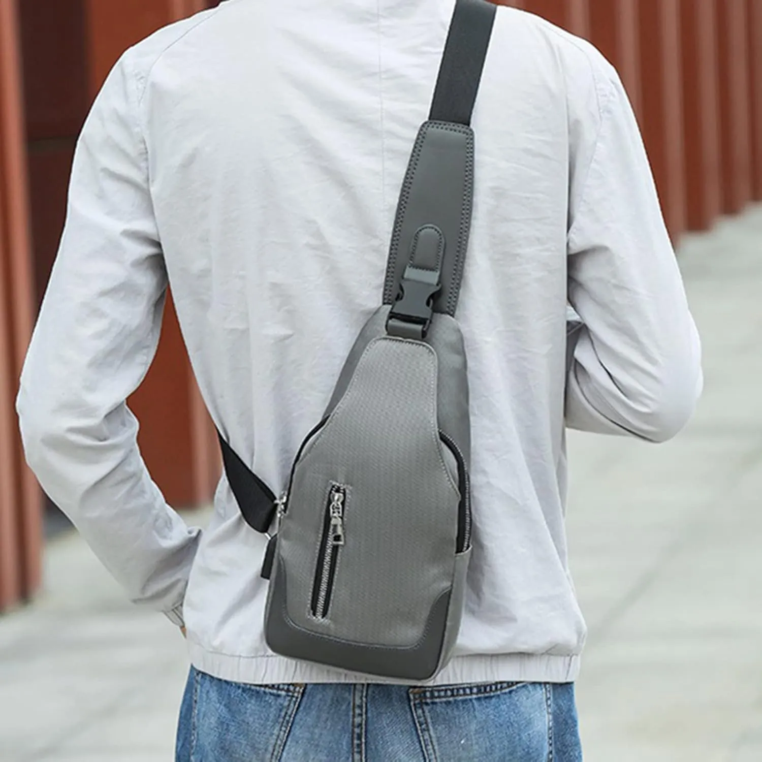 Men's Simple Business Crossbody USB Interface Lock Color Cloth Chest Bag Shoulder Bag over The Shoulder (Grey, One Size)