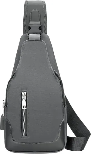 Men's Simple Business Crossbody USB Interface Lock Color Cloth Chest Bag Shoulder Bag over The Shoulder (Grey, One Size)