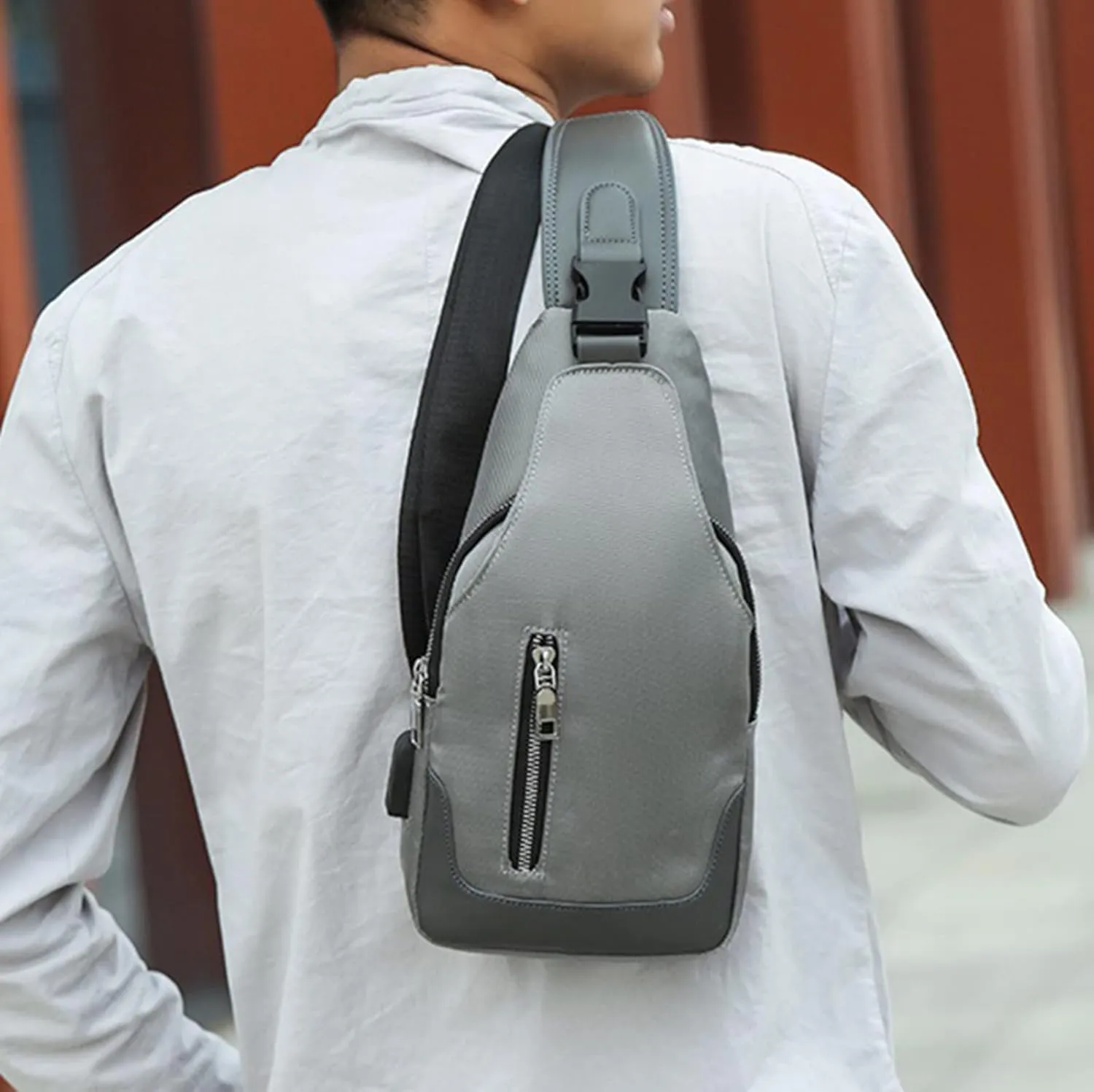Men's Simple Business Crossbody USB Interface Lock Color Cloth Chest Bag Shoulder Bag over The Shoulder (Grey, One Size)