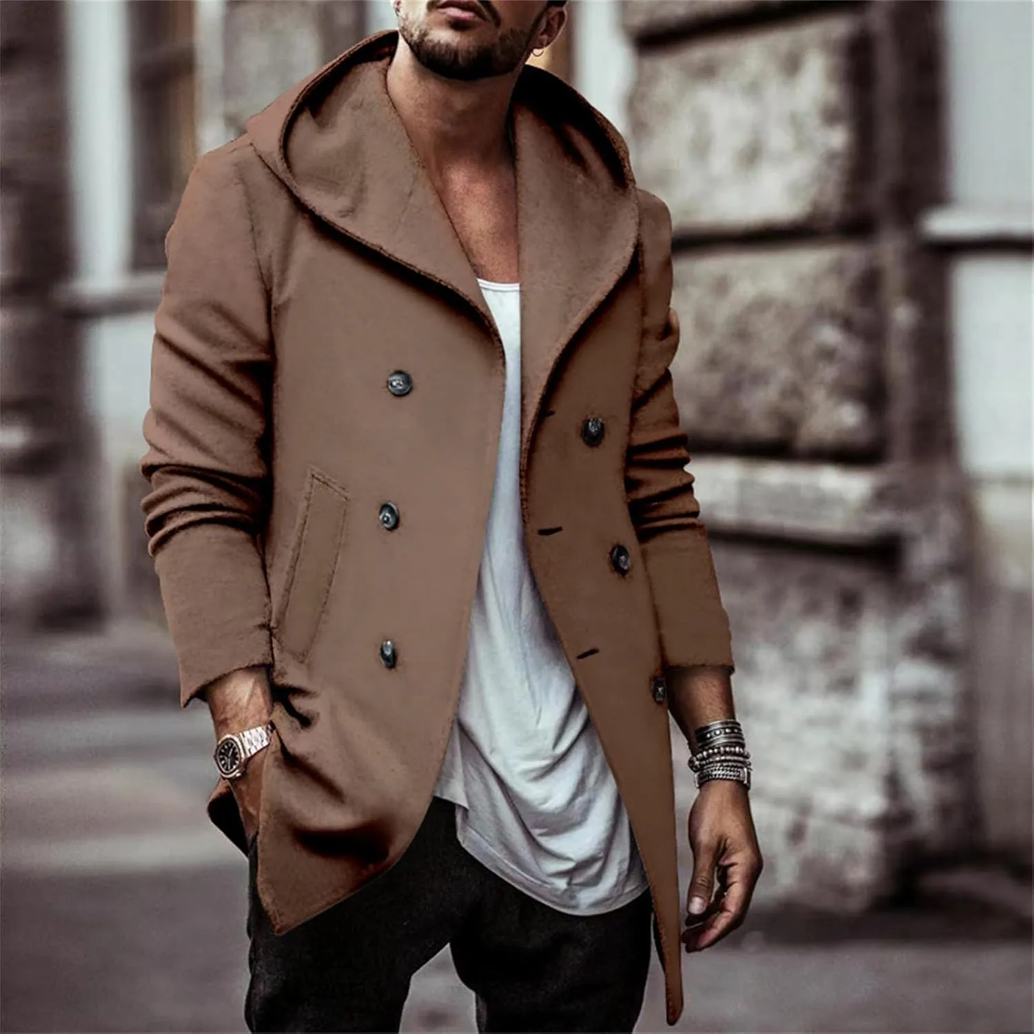 Mens Trench Coat with Hooded Slim Fit Mid Long Jackets Warm Winter Trench Coat Double Breasted Overcoat Windbreaker