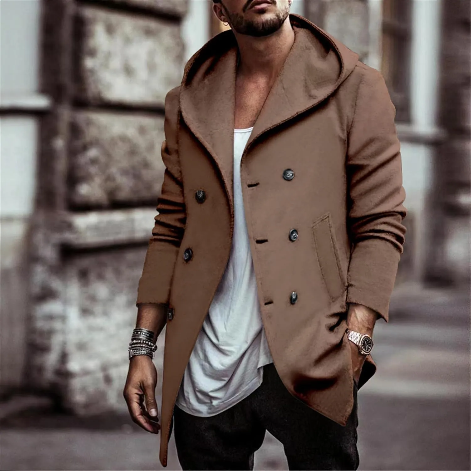 Mens Trench Coat with Hooded Slim Fit Mid Long Jackets Warm Winter Trench Coat Double Breasted Overcoat Windbreaker