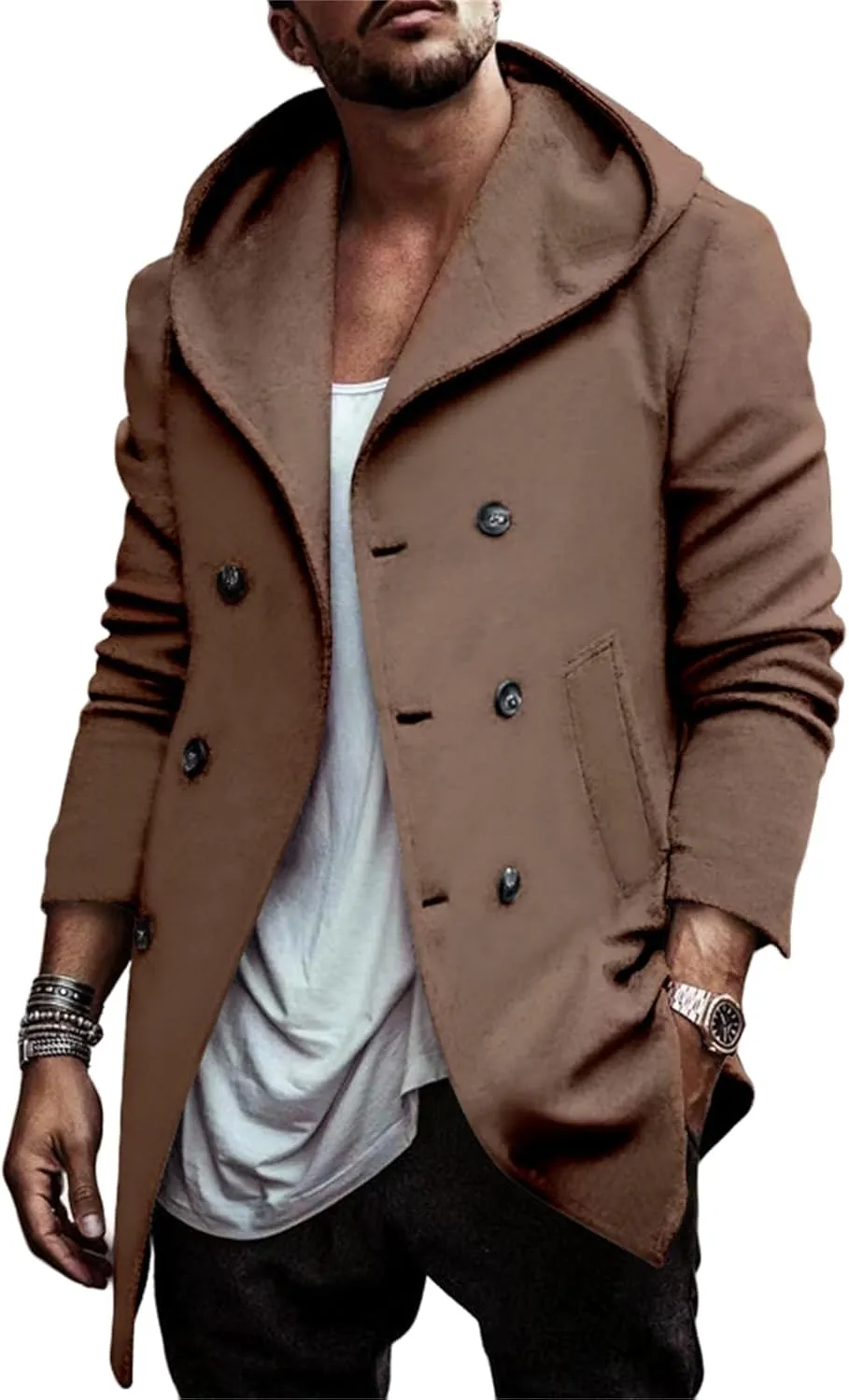 Mens Trench Coat with Hooded Slim Fit Mid Long Jackets Warm Winter Trench Coat Double Breasted Overcoat Windbreaker