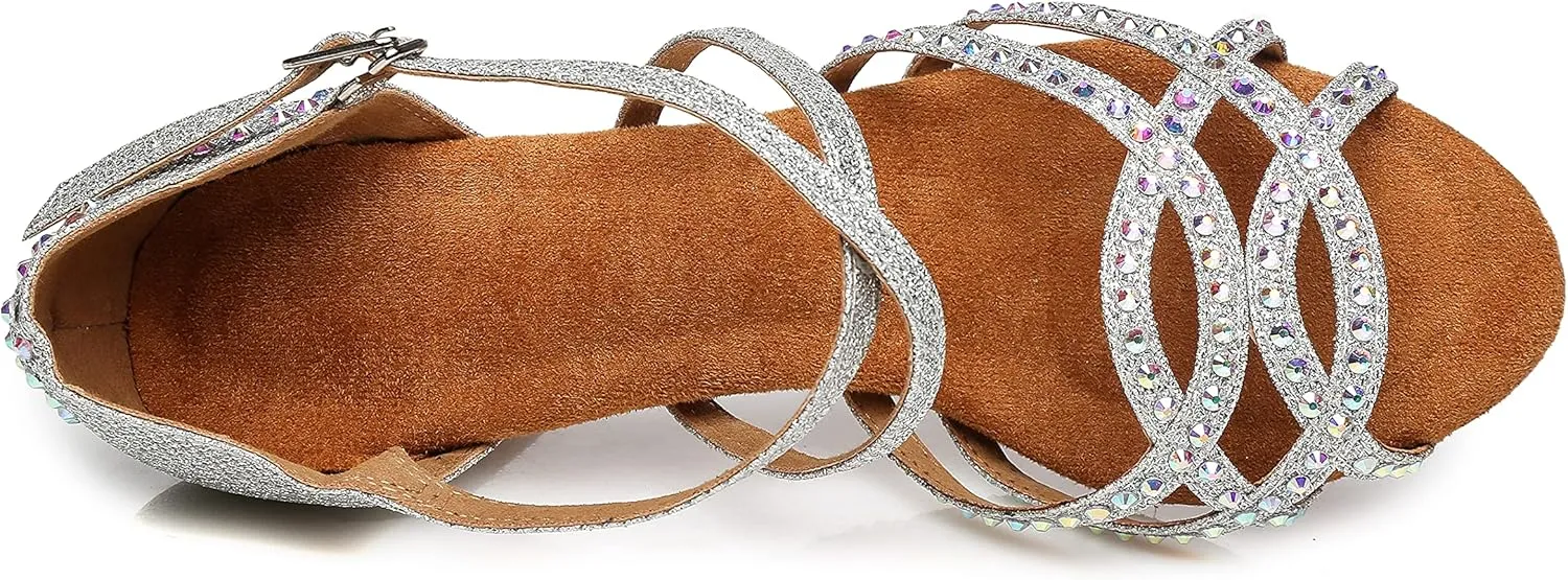 Minishion Latin Salsa Dance Shoes for Women Rhinestones Pattern Wedding Evening Sandals