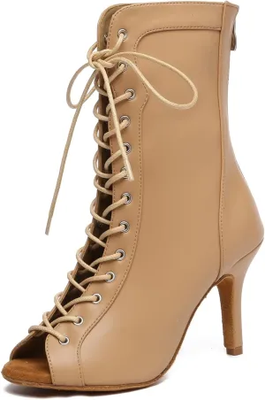 Minishion Womens Ballroom Dance Boot Lace-Up Peep Toe Prom Ankle Sandals Shoes