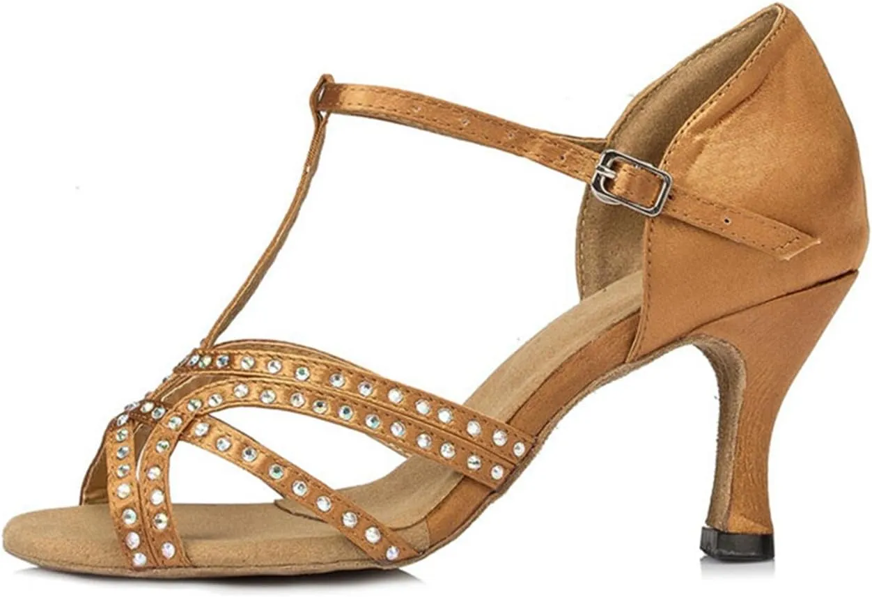 Minishion Women's TH064 T-Strap Peep Toe Satin Wedding Ballroom Latin Taogo Dance Sandals