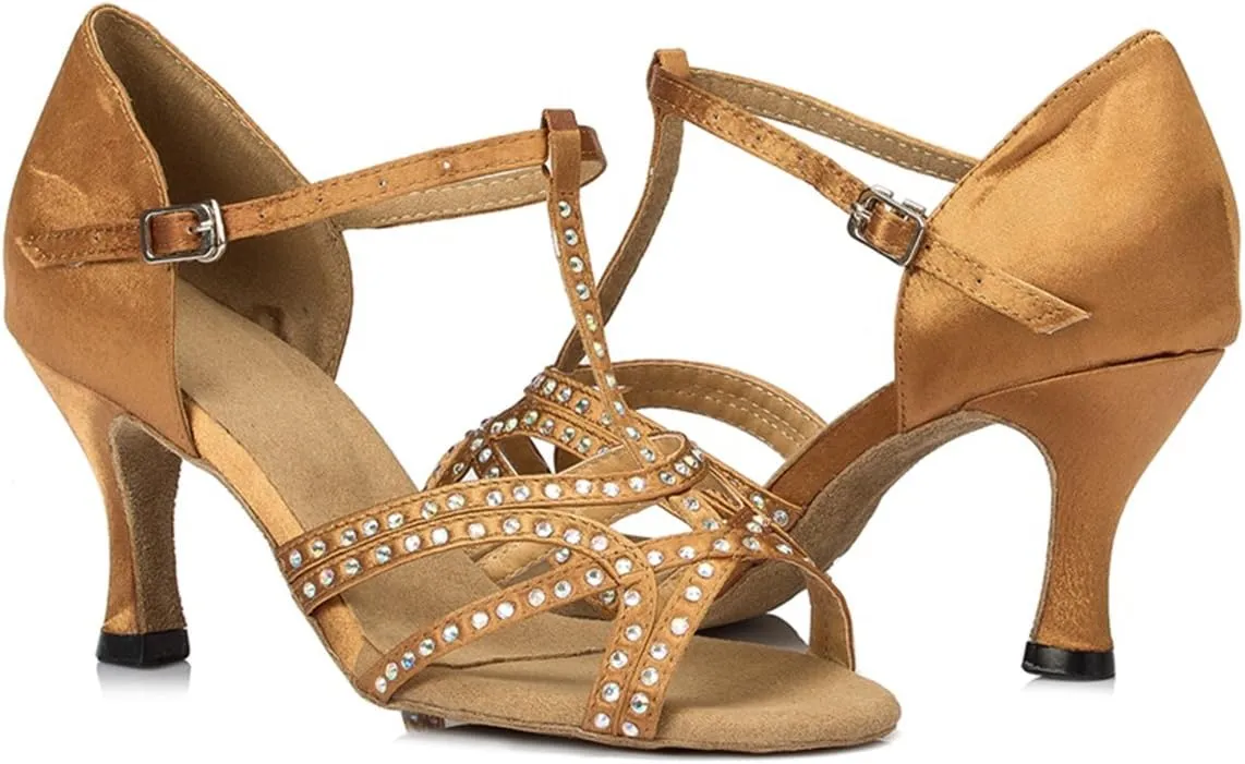 Minishion Women's TH064 T-Strap Peep Toe Satin Wedding Ballroom Latin Taogo Dance Sandals