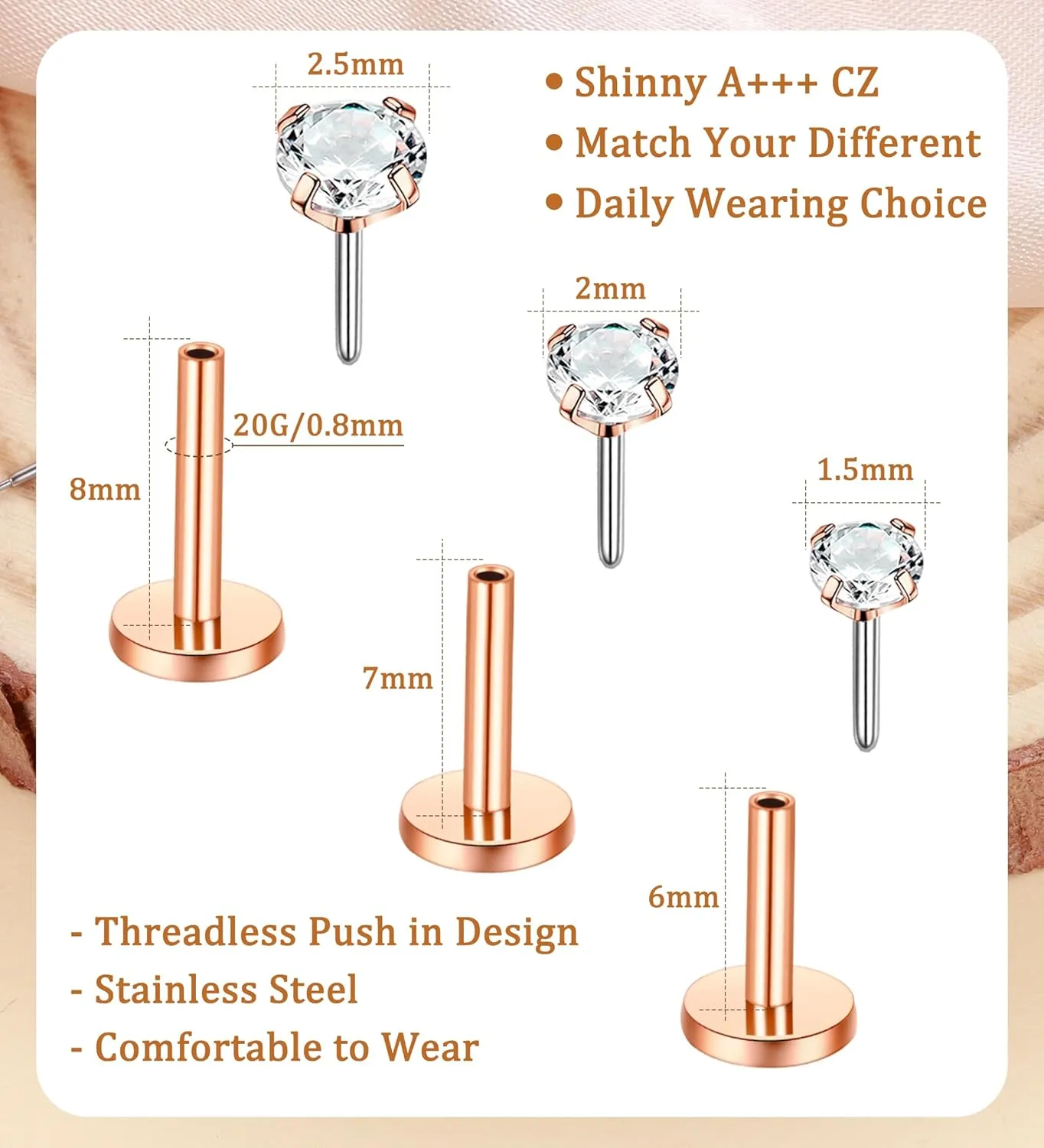 MJust Hypoallergenic Titanium Nose Studs for Women & Men  8pcs L-Shaped G23 Studs for Sensitive Skin