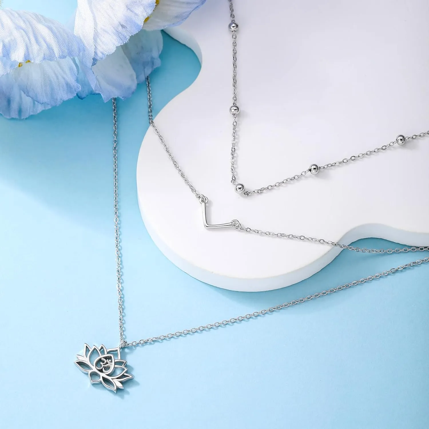 MONGAS Lotus/Turtle/Planet Star/Baseball Layered Necklace Sterling Silver Lotus Flower/Turtle/Planet Star Pendant Necklace Flower Jewelry for Women