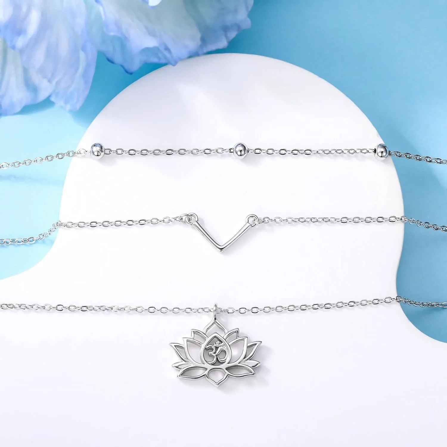 MONGAS Lotus/Turtle/Planet Star/Baseball Layered Necklace Sterling Silver Lotus Flower/Turtle/Planet Star Pendant Necklace Flower Jewelry for Women