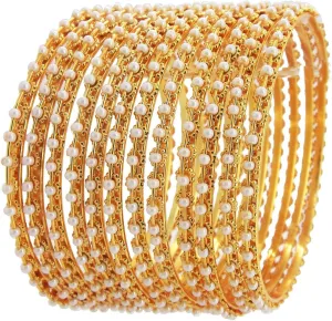 Moti Design Pearl Studded Gold-Plated Metal Bangles Set For Women & Girls - (Set Of 12 Bangles)