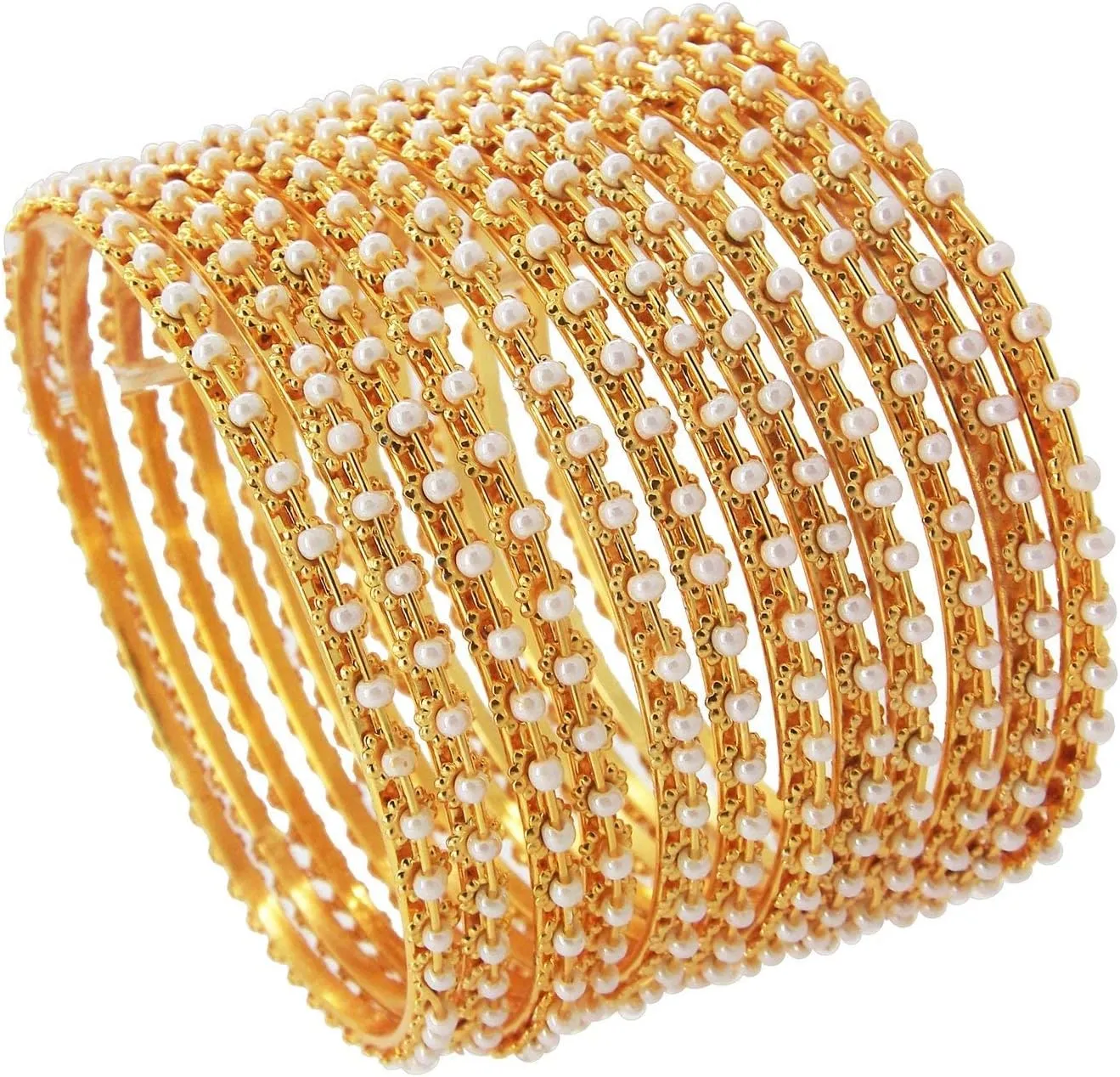 Moti Design Pearl Studded Gold-Plated Metal Bangles Set For Women & Girls - (Set Of 12 Bangles)