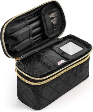 Ms. J Travel Makeup Bag Makeup Organizer with Mirror, Includes Travel-Sized Makeup Brushes Small, Black Quilted