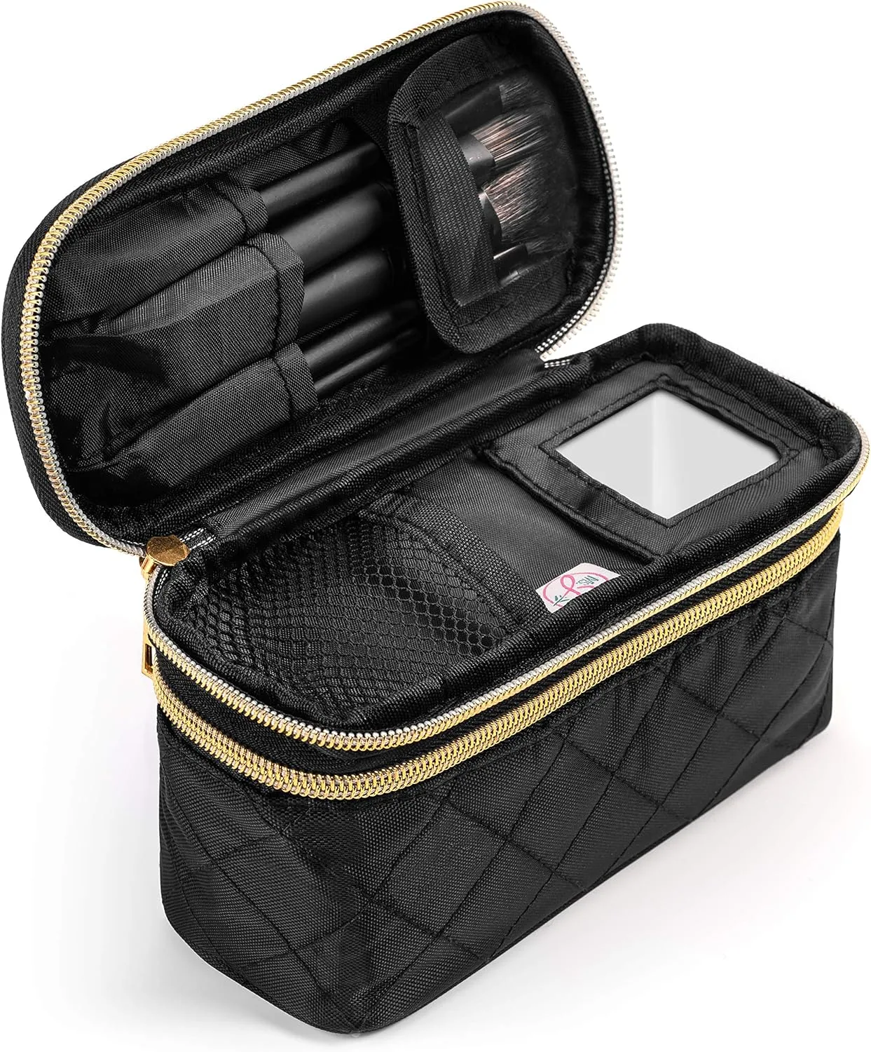 Ms. J Travel Makeup Bag Makeup Organizer with Mirror, Includes Travel-Sized Makeup Brushes Small, Black Quilted